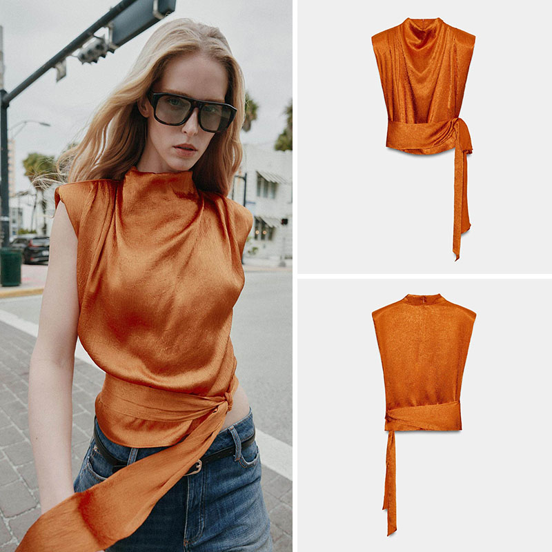 New Ethnic Fashion - เสื้อท็อปผ้าไหมซาตินคอสูงแขนกุด ดีไซน์ผูกโบว์ สไตล์ชาติพันธุ์ แฟชั่นสตรี คอลเลคชั่นใหม่ฤดูใบไม้ผลิ