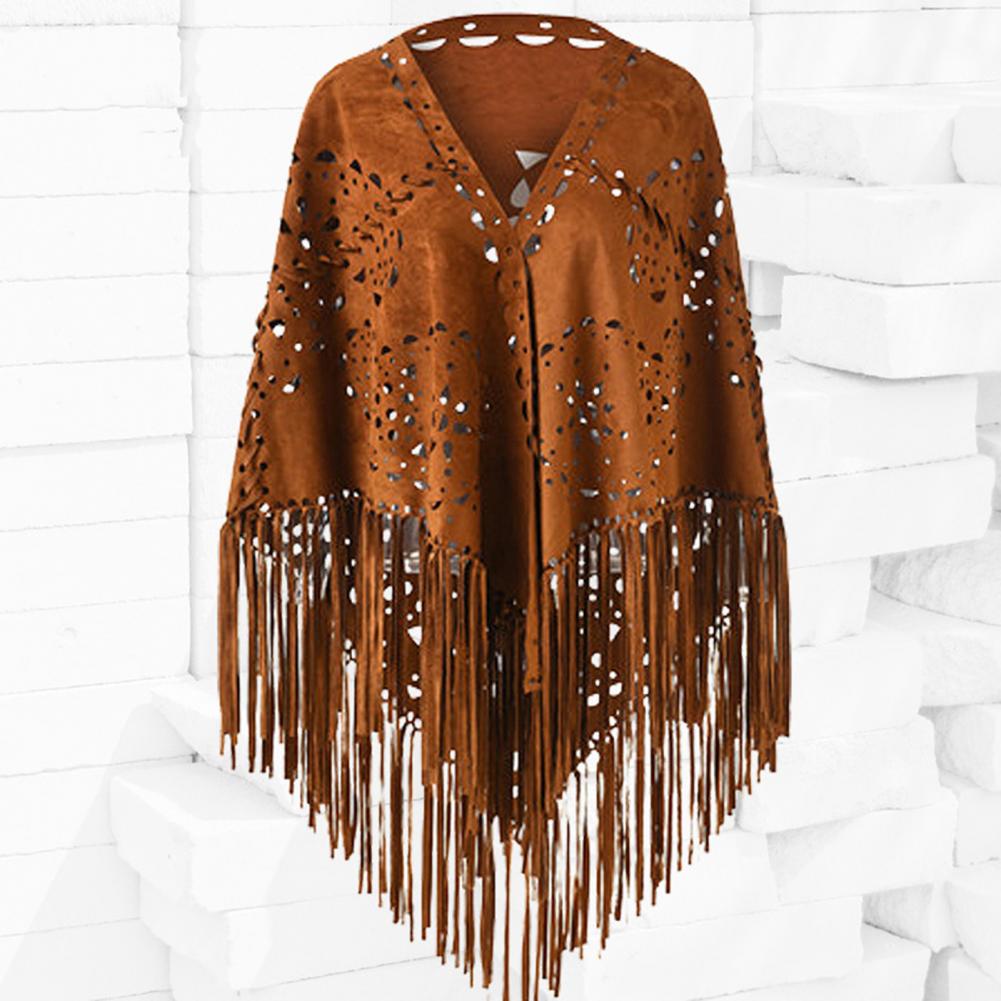 Ethnic Fashion Design - ใหม่ในปี 2024 สีทึบHollow Outดอกไม้Suedeพู่สามเหลี่ยมผ้าคลุมไหล่ผู้หญิงVINTAGE Bohemian Beachเสื้อสเวตเตอร์ถักBoho