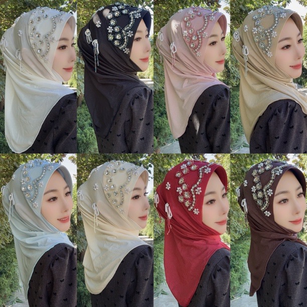 Ethnic Fashion Women - หมวกฮิญาบสไตล์แอฟริกันแบบใหม่สำหรับสตรีมุสลิม หมวกหรูหราสะดวกสบายสำหรับสวมใส่ทุกวัน ประดับเพชร สีเบจ ฮิญาบนำโชค หมวกฮิญาบเย็บมือ